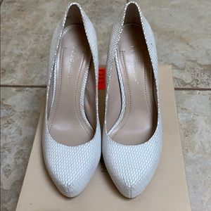 BCBG Parade White Snakeskin Platform Pumps
